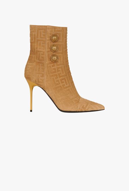 Sand colored debossed suede Roni ankle boots with Balmain monogram
